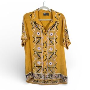 ASOS Yellow Embroidered Beaded Boho Blouse Button Down Shirt Womens L Casual Top